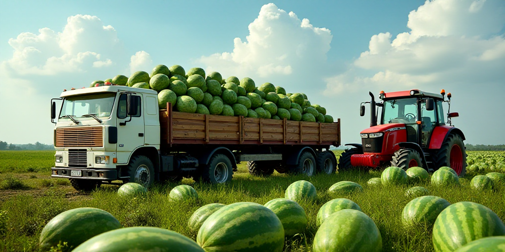 a truck filled with lots of watermelons in a field next to a tractor and a tractor trailer, Ceferí