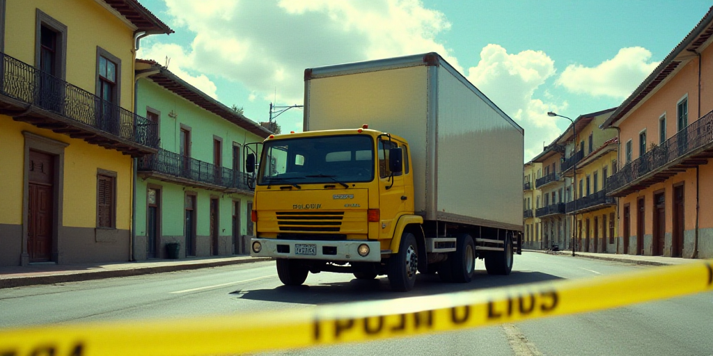 a truck is parked in front of a building with a yellow police tape on it and a yellow police tape is