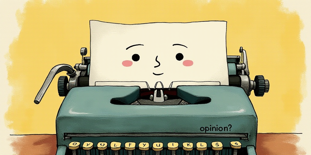 a typewriter with a face drawn on it and a caption for the words opinion and a question, Edward Otho