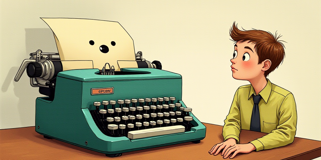 a typewriter with a face drawn on it and a caption for the words opinion and a question, Edward Otho