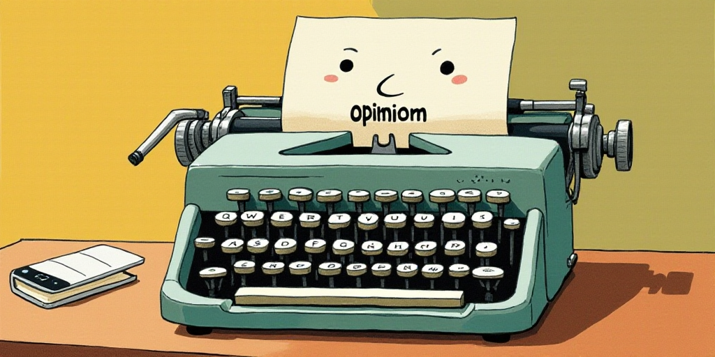 a typewriter with a face drawn on it and a caption for the words opinion and a question, Edward Otho