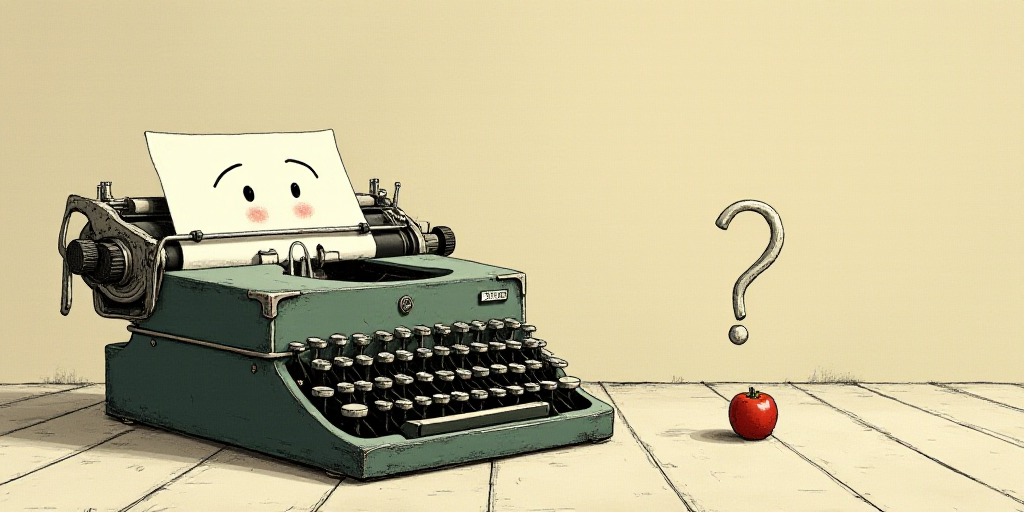 a typewriter with a face drawn on it and a caption for the words opinion and a question, Edward Otho