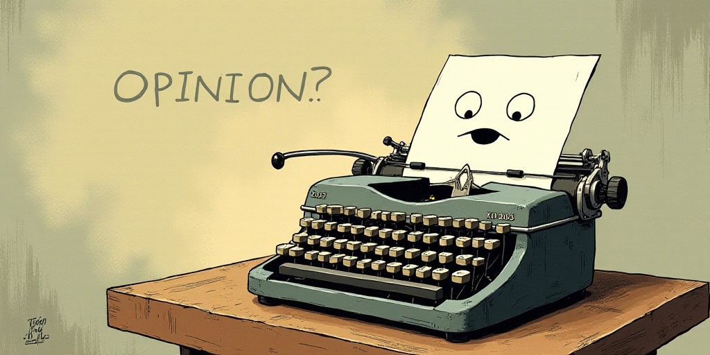 a typewriter with a face drawn on it and a caption for the words opinion and a question, Edward Otho