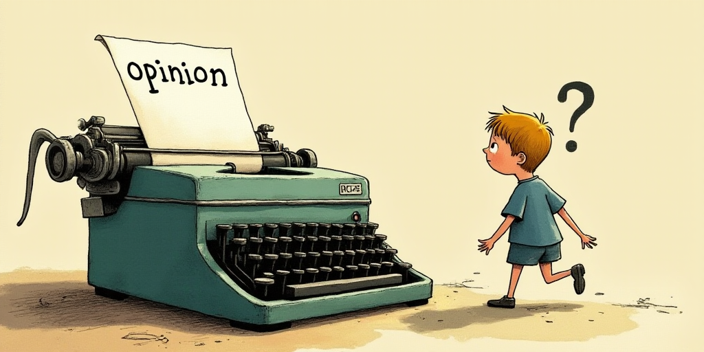 a typewriter with a face drawn on it and a caption for the words opinion and a question, Edward Otho