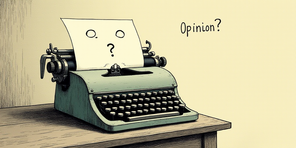 a typewriter with a face drawn on it and a caption for the words opinion and a question, Edward Otho
