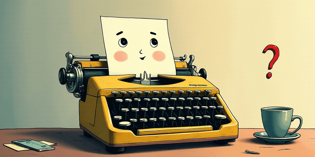 a typewriter with a face drawn on it and a caption for the words opinion and a question, Edward Otho