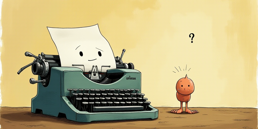 a typewriter with a face drawn on it and a caption for the words opinion and a question, Edward Otho