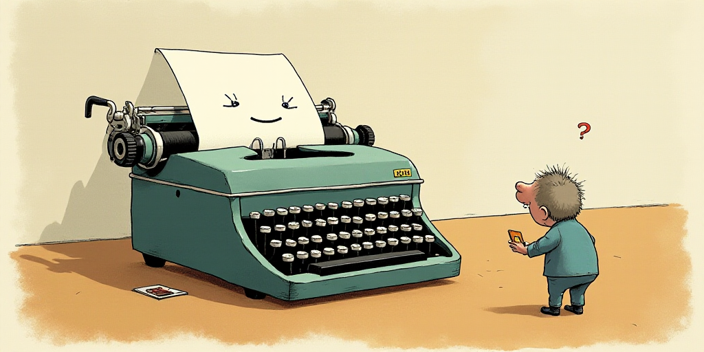a typewriter with a face drawn on it and a caption for the words opinion and a question, Edward Otho