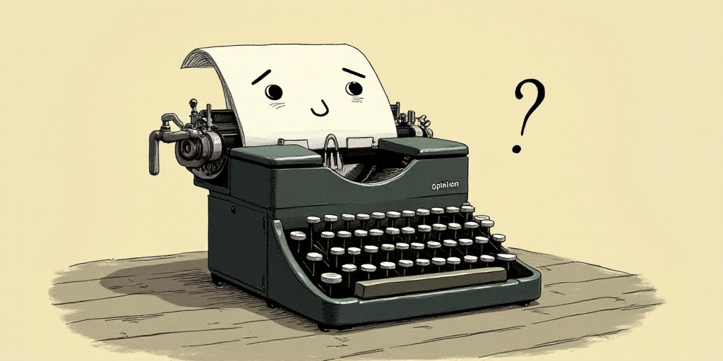 a typewriter with a face drawn on it and a caption for the words opinion and a question, Edward Otho