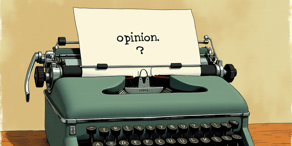 a typewriter with a face drawn on it and a caption for the words opinion and a question, Edward Otho