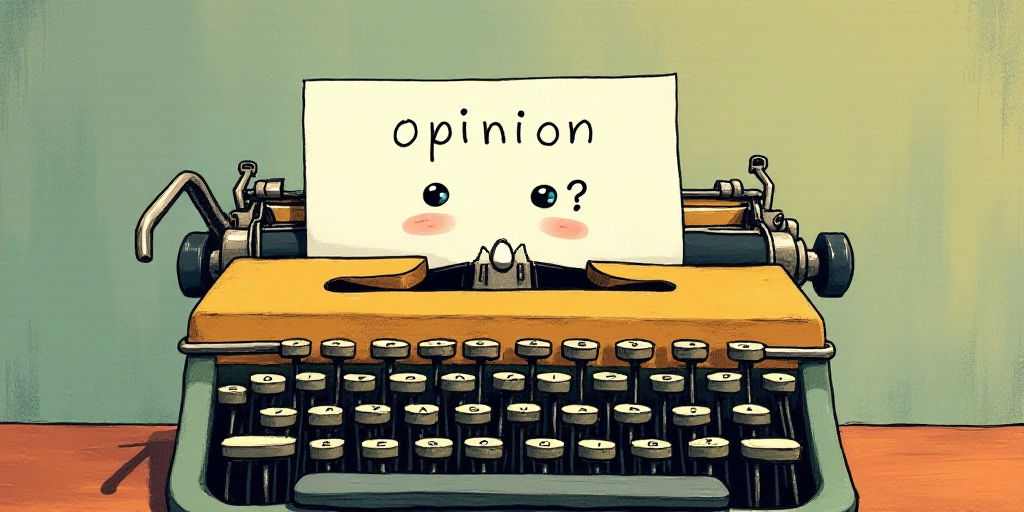 a typewriter with a face drawn on it and a caption for the words opinion and a question, Edward Otho