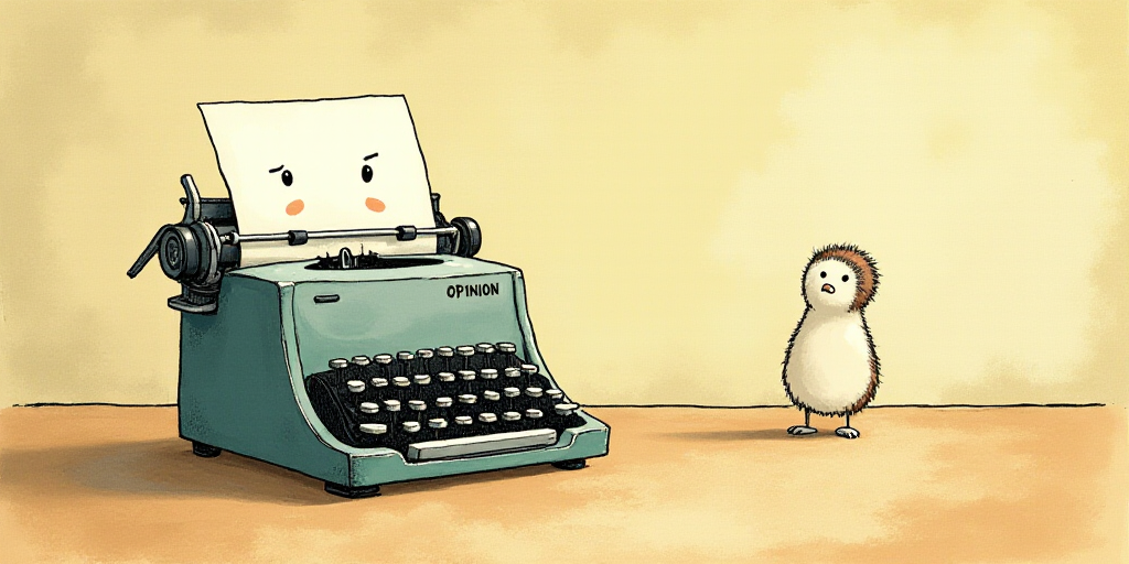 a typewriter with a face drawn on it and a caption for the words opinion and a question, Edward Otho