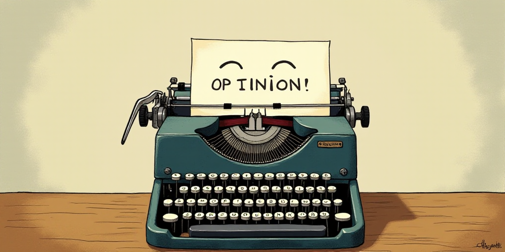 a typewriter with a face drawn on it and a caption for the words opinion and a question, Edward Otho