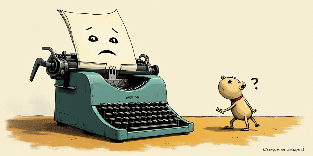 a typewriter with a face drawn on it and a caption for the words opinion and a question, Edward Otho
