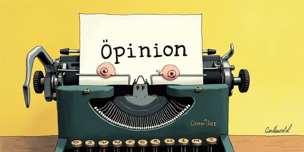a typewriter with a face drawn on it and a caption for the words opinion and a question, Edward Otho