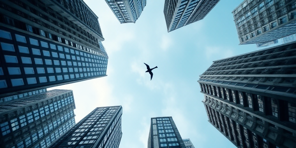 a view of a building from the ground looking up at the sky and buildings in the background with a bi