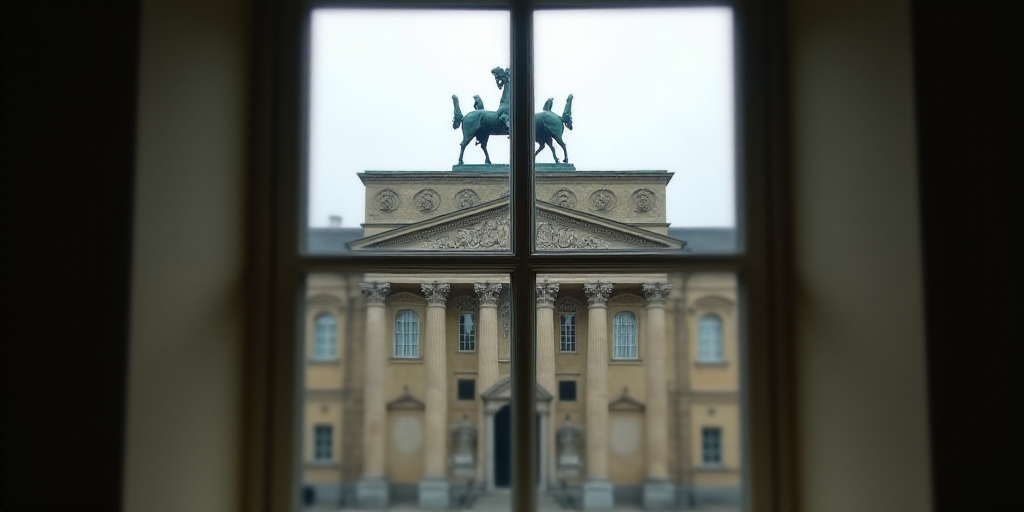 a view of a building through a window with a view of the outside of it and a statue of a horse on to