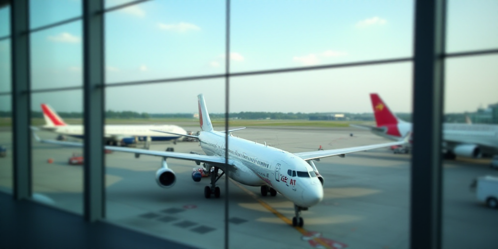 a view of a bunch of airplanes from a window of an airport terminal with a plane in the background,