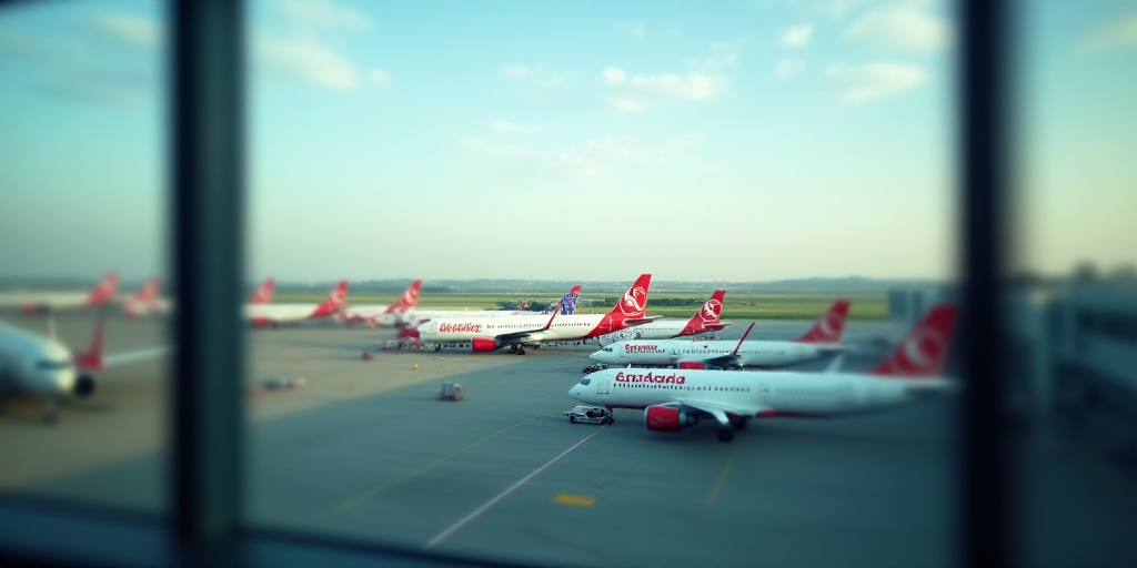 a view of a bunch of airplanes from a window of an airport terminal with a plane in the background,