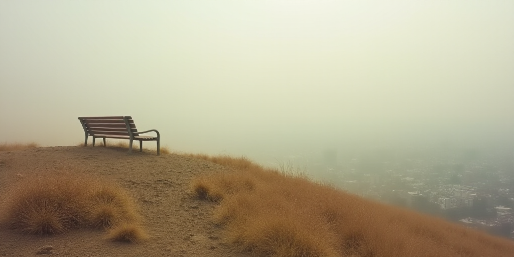 a view of a city from a hill with a bench on top of it and a foggy sky, Chris LaBrooy, dust, a matte