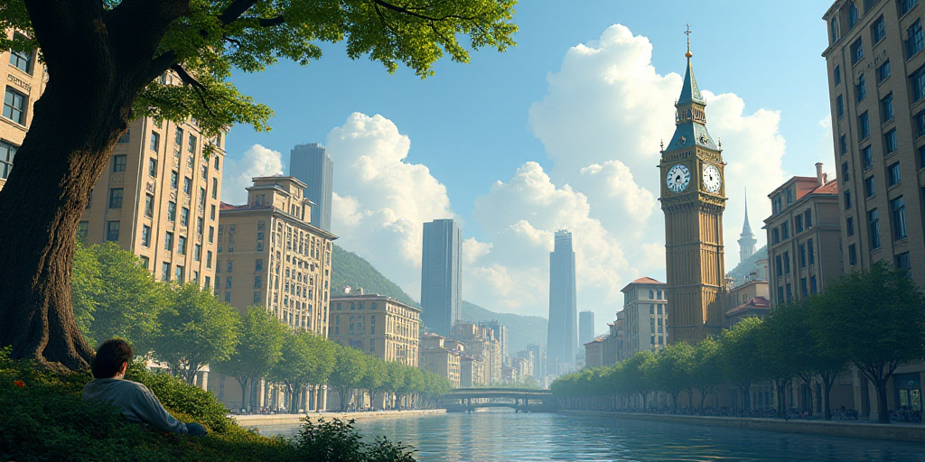 a view of a city with tall buildings and a clock tower in the foreground, and a tree in the foregrou