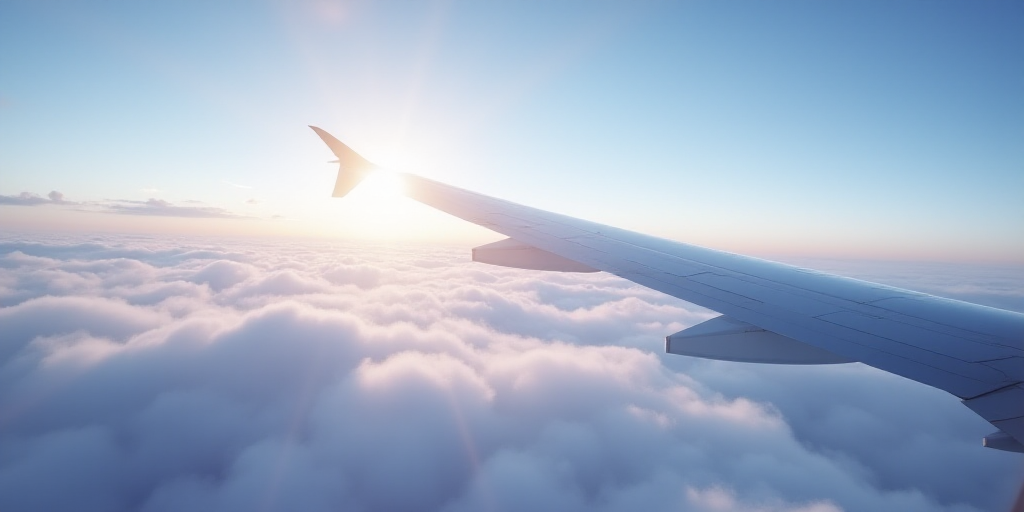 a view of a plane wing and clouds from the window of the plane in the sky above the clouds, Ei-Q, sk