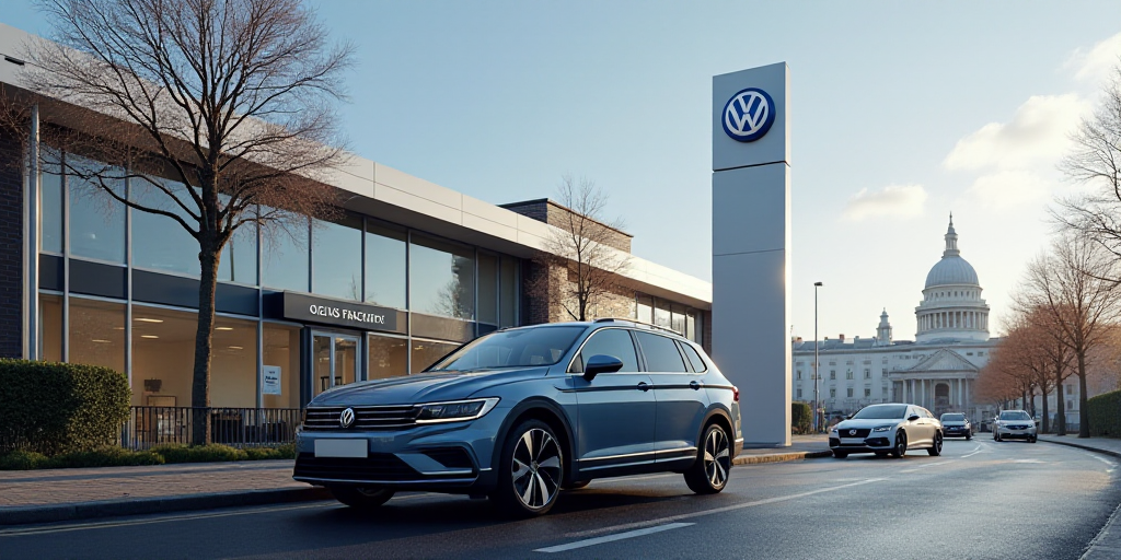 a volkswagen car is parked next to a sign for a dealership in the city of london, england, Bernd Fas