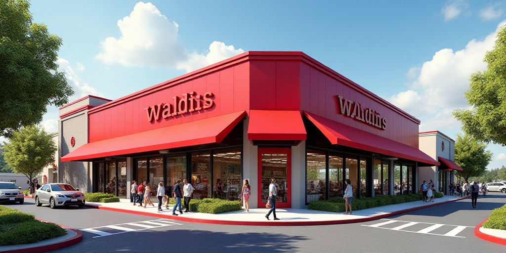 a waldis store with a red awning and a red awning outside of it and people walking outside, Estuardo
