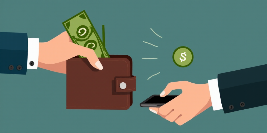 a wallet with money coming out of it and a hand holding a cell phone in the other hand with a wallet