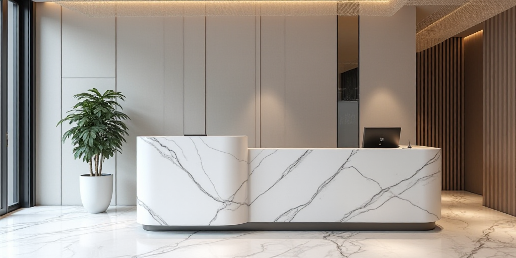 a white marble reception desk with a black and white sign on it's side and a plant in a pot, Cheng S