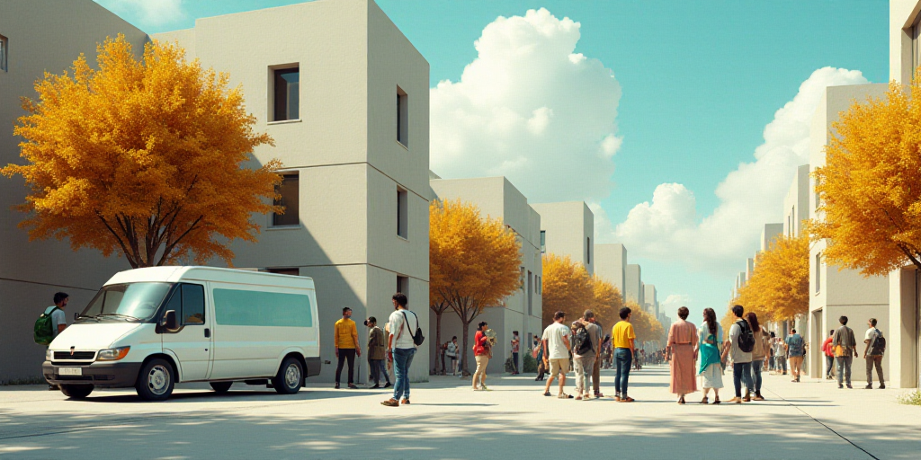 a white van parked next to a crowd of people on a sidewalk near a building with a tree in the foregr