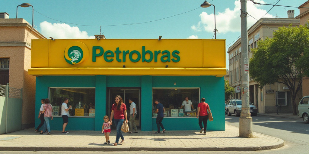 a woman and a child are walking in front of a petrobras sign on a building with people walking by, A