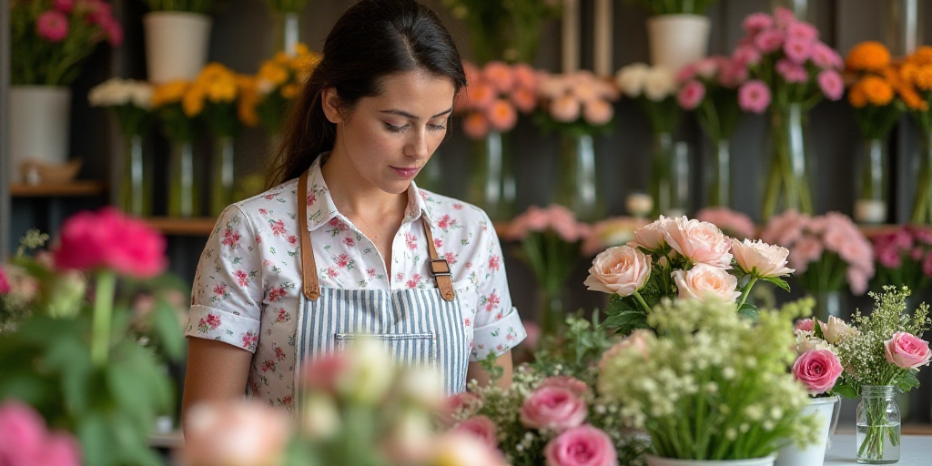 a woman arranging flowers in a flower shop with a variety of flowers in vases behind her and a wall