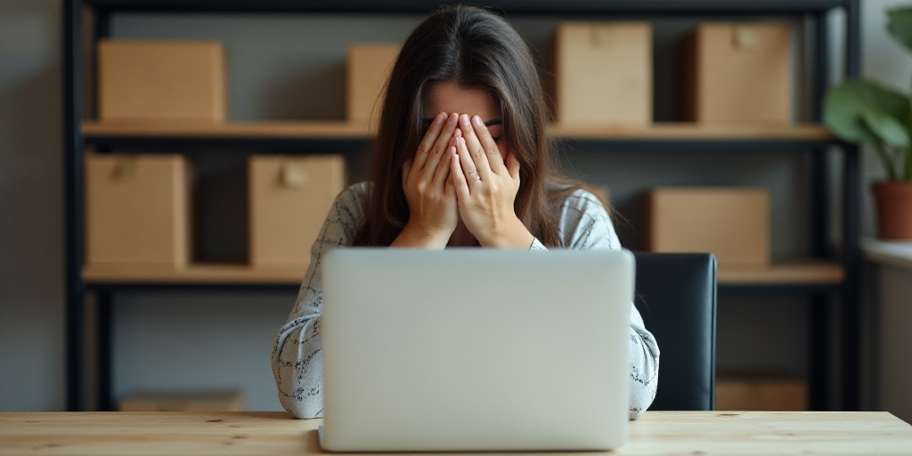 a woman covering her face while sitting at a desk in front of a laptop computer with boxes on the sh