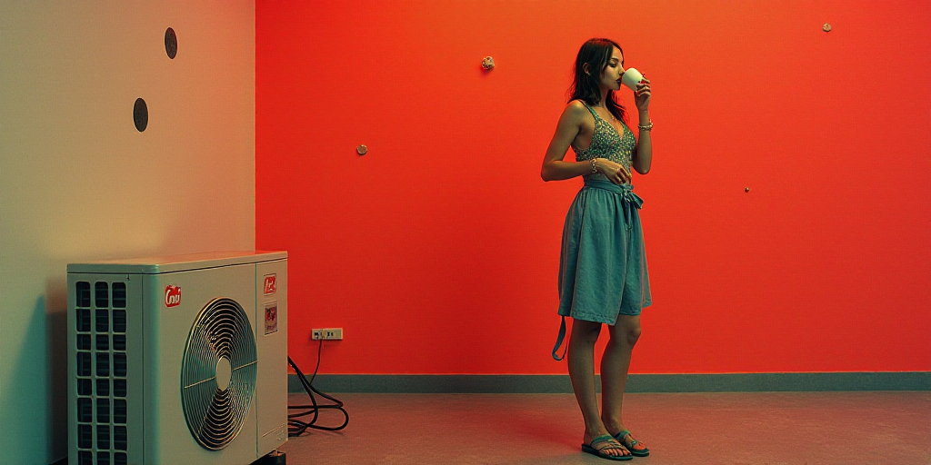 a woman drinking from a cup next to a air conditioner and a red wall with circles on it, David LaCha
