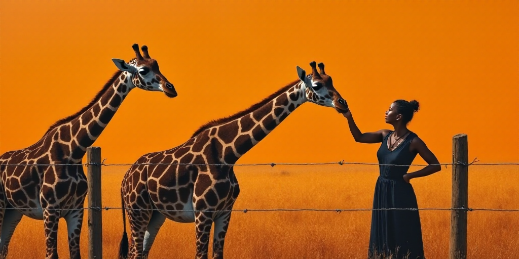 a woman feeding a giraffe through a fence with her hand and head on a fence post,, Bálint Kiss, ora