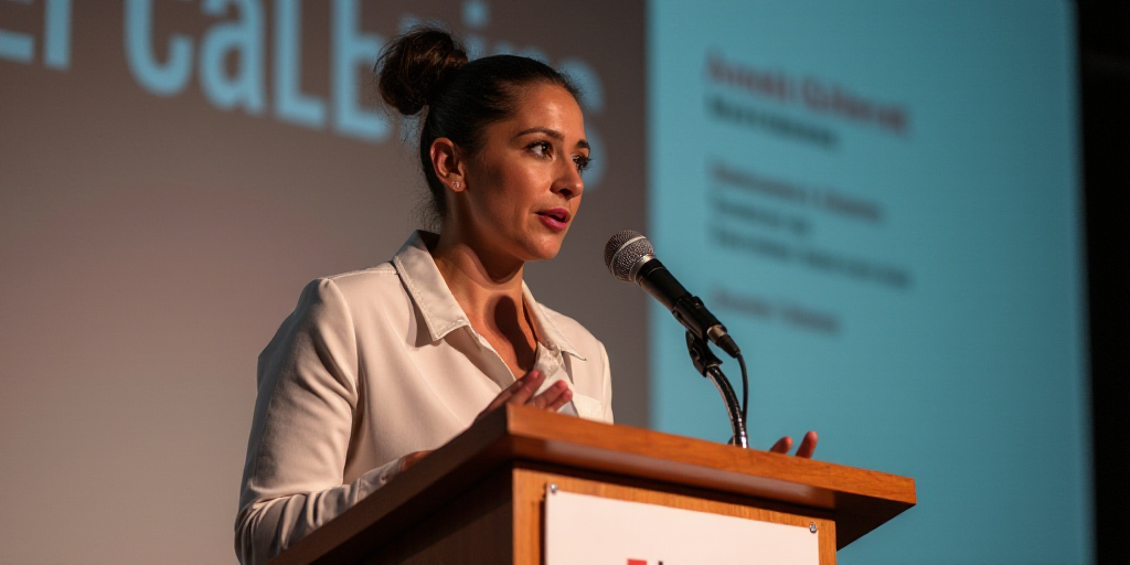 a woman giving a speech at a podium with a microphone in her hand and a sign behind her that says,,