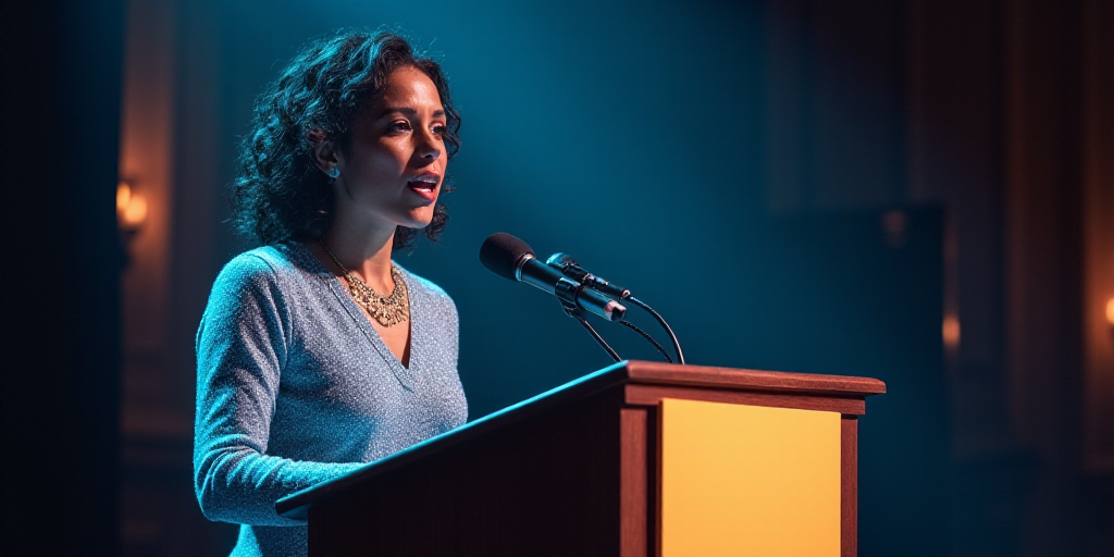 a woman giving a speech at a podium with a microphone in front of her and a sign behind her, Araceli