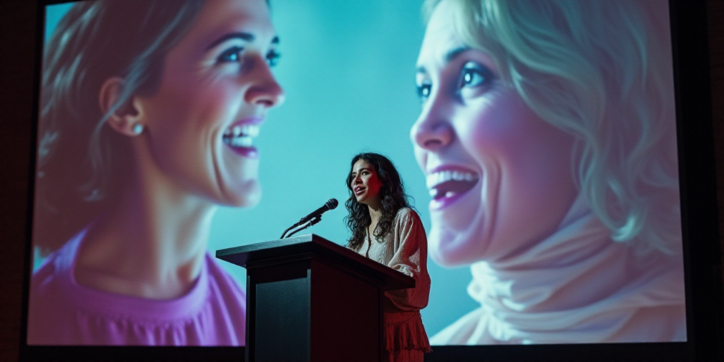 a woman giving a speech at a podium with a microphone in front of her and a large painting behind he