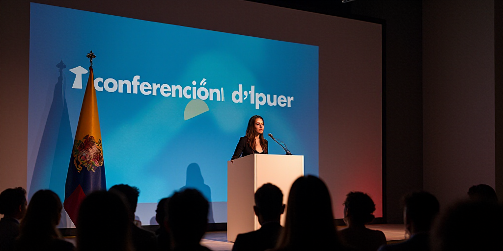 a woman giving a speech at a podium with a flag behind her and a banner behind her that says confere