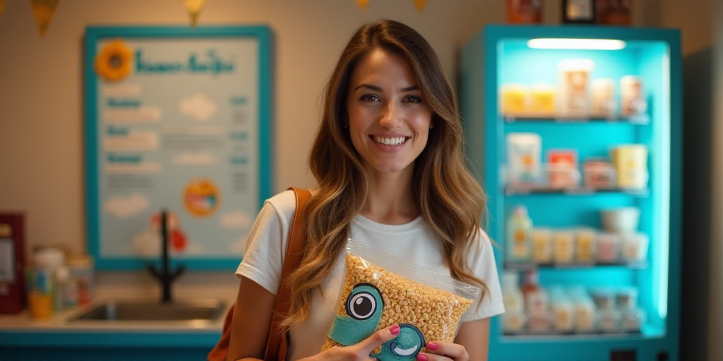 a woman holding a bag of cereal in front of a menu board with cartoon characters on it and a vending