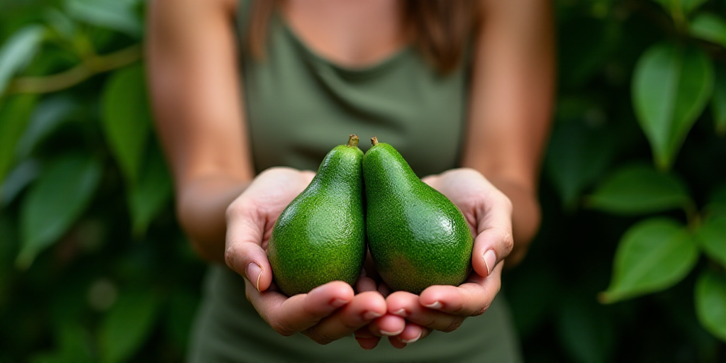 a woman holding a bunch of green avocados in her hands in front of a bush of green leaves, Ceferí O
