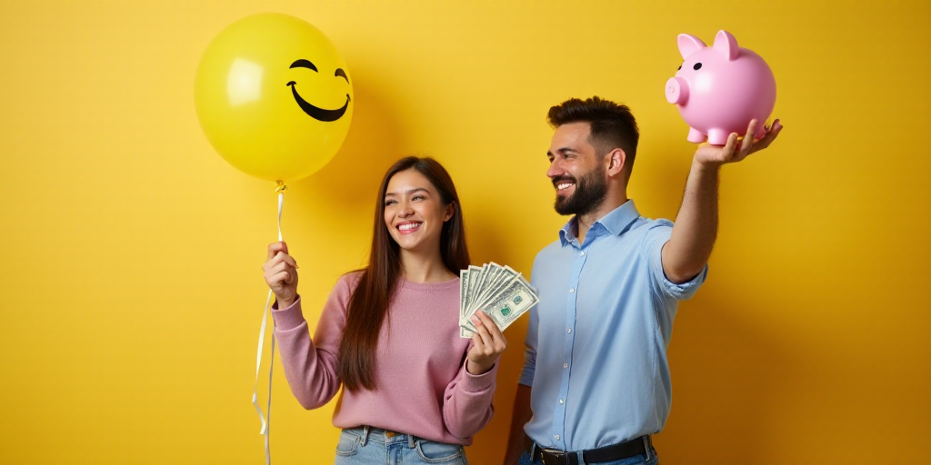 a woman holding a bunch of money and a balloon with a smiley face on it, with a man holding a piggy