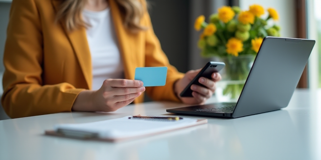 a woman holding a card and a cell phone on a desk with a flower arrangement in the background and a