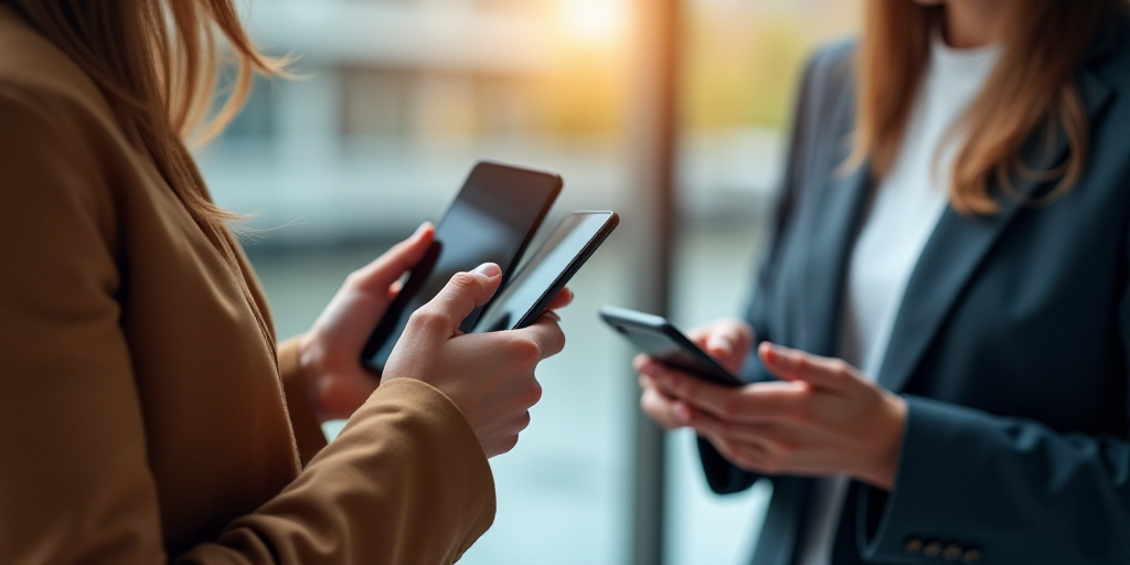 a woman holding a cell phone in her hands and a wallet in her other hand while another woman holds a