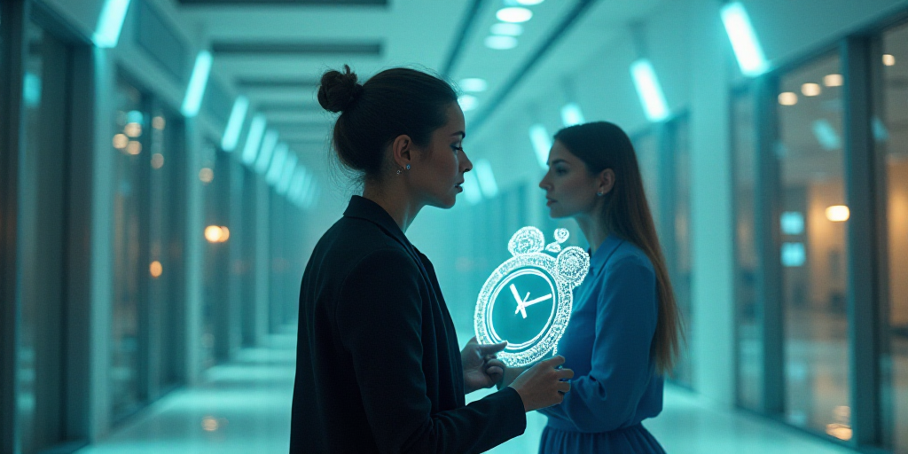 a woman holding a clock next to a woman in a blue dress and a black jacket and a building, Araceli G