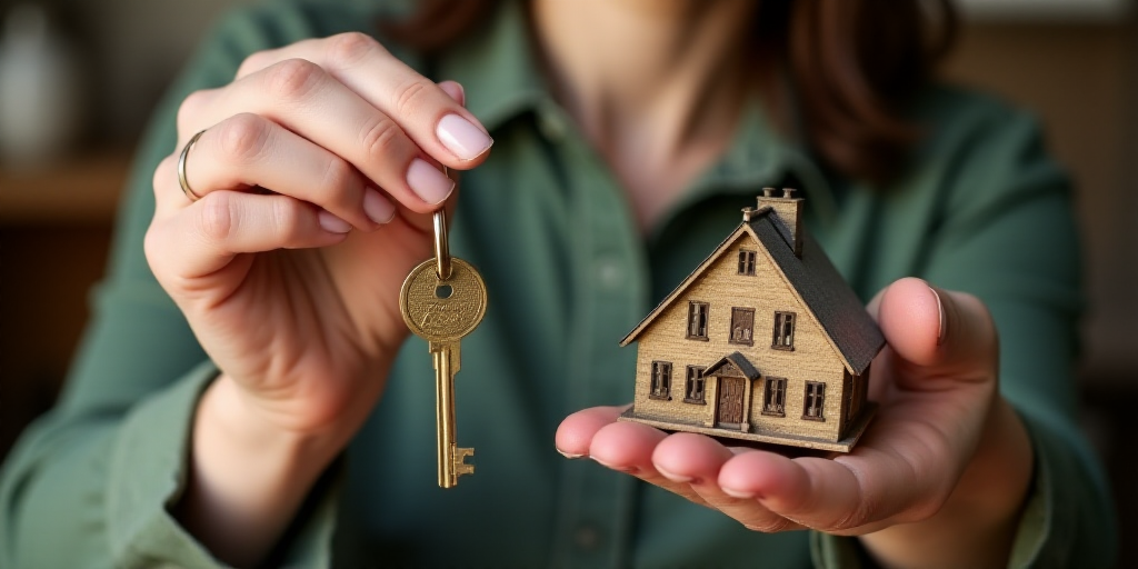 a woman holding a house key and a house model in her hands with a house keychain in front of her, Ev