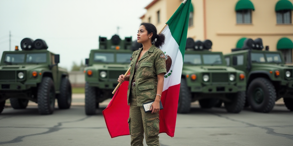 a woman holding a mexican flag in front of military vehicles in a parking lot with a building in the