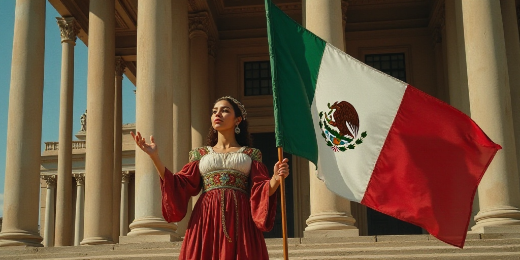 a woman holding a mexican flag and a mexican flag in front of a building with columns and columns in