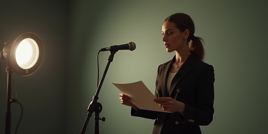 a woman holding a piece of paper with a microphone in front of her and a microphone in front of her,